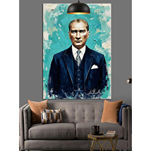 Mavi Fonlu Mustafa Kemal Atatürk Portresi Dekoratif Kanvas - Mdf Ahşap Tablo 70x100 cm