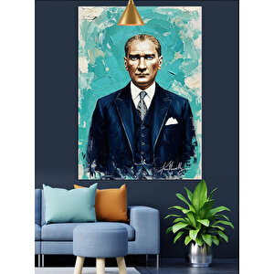 Mavi Fonlu Mustafa Kemal Atatürk Portresi Dekoratif Kanvas - Mdf Ahşap Tablo 70x100 cm