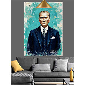 Mavi Fonlu Mustafa Kemal Atatürk Portresi Dekoratif Kanvas - Mdf Ahşap Tablo