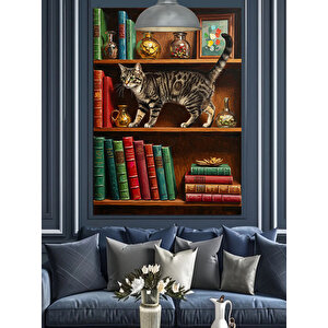 Kitaplık Ve Meraklı Kedi Dekoratif Kanvas - Mdf Ahşap Tablo