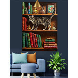 Kitaplık Ve Meraklı Kedi Dekoratif Kanvas - Mdf Ahşap Tablo 35x50 cm