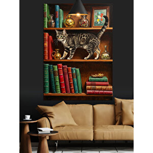 Kitaplık Ve Meraklı Kedi Dekoratif Kanvas - Mdf Ahşap Tablo 35x50 cm