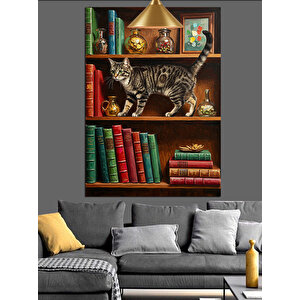 Kitaplık Ve Meraklı Kedi Dekoratif Kanvas - Mdf Ahşap Tablo 35x50 cm