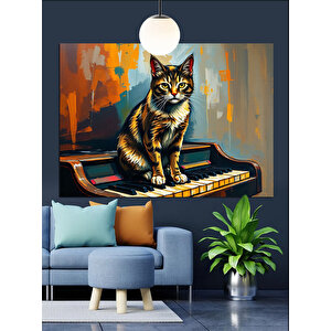 Piyanonun Üzerinde Küçük Kedi Dekoratif Kanvas - Mdf Ahşap Tablo 70x100 cm