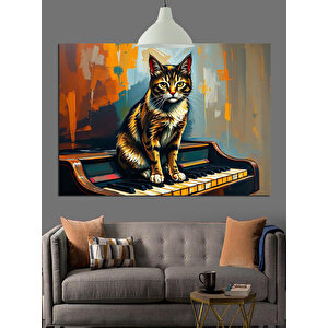 Piyanonun Üzerinde Küçük Kedi Dekoratif Kanvas - Mdf Ahşap Tablo 25x35 cm