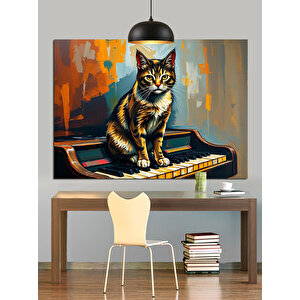 Piyanonun Üzerinde Küçük Kedi Dekoratif Kanvas - Mdf Ahşap Tablo 25x35 cm