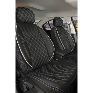 Renault Megane 2 Sedan 2002-2006 Uyumlu Lüx Yarı Deri Oto Koltuk Kılıfı Ön Arka Takım Petra Si̇yah Beyaz Siyah-Beyaz
