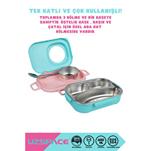 Vagonlife Bento 1100ml Lunchbox Yeni Koleksiyon Tek Katlı 3 Bölmeli Kaseli Çelik Sefer Tası Yemek Kutusu Turkuaz-pembe