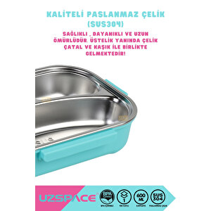 Vagonlife Bento 1100ml Lunchbox Yeni Koleksiyon Tek Katlı 3 Bölmeli Kaseli Çelik Sefer Tası Yemek Kutusu Turkuaz-pembe