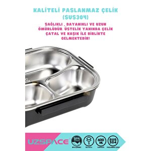 Vagonlife Bento 1100ml Lunchbox Yeni Koleksiyon Tek Katlı 3 Bölmeli Kaseli Çelik Sefer Tası Yemek Kutusu Siyah
