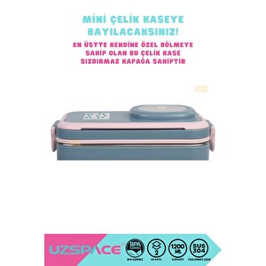 Vagonlife Bento 1200ml Lunchbox Yeni Koleksiyon 2 Katlı 4 Bölmeli Mini Kaseli Çelik Sefer Tası Yemek Kutusu  Lacivert-pembe