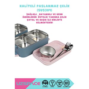 Vagonlife Bento 1200ml Lunchbox Yeni Koleksiyon 2 Katlı 4 Bölmeli Mini Kaseli Çelik Sefer Tası Yemek Kutusu  Lacivert-pembe