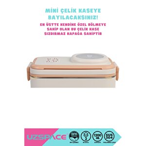 Vagonlife Bento 1200ml Lunchbox Yeni Koleksiyon 2 Katlı 4 Bölmeli Mini Kaseli Çelik Sefer Tası Yemek Kutusu Bej-açık Kahve
