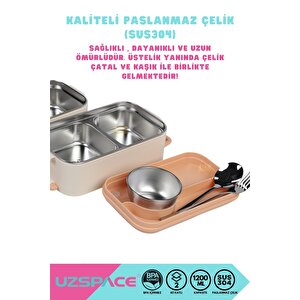 Vagonlife Bento 1200ml Lunchbox Yeni Koleksiyon 2 Katlı 4 Bölmeli Mini Kaseli Çelik Sefer Tası Yemek Kutusu Bej-açık Kahve