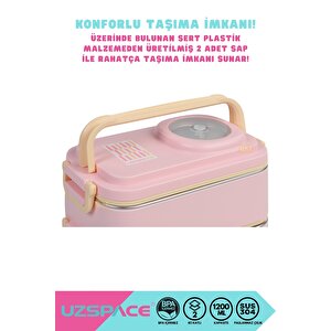 Vagonlife Bento 1200ml Lunchbox Yeni Koleksiyon 2 Katlı 4 Bölmeli Mini Kaseli Çelik Sefer Tası Yemek Kutusu Açık Pembe-sarı