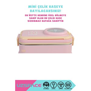 Vagonlife Bento 1200ml Lunchbox Yeni Koleksiyon 2 Katlı 4 Bölmeli Mini Kaseli Çelik Sefer Tası Yemek Kutusu Açık Pembe-sarı
