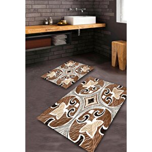  kahverengi  kaymaz Taban Etnik Banyo Paspas Takımı  bps-7903
