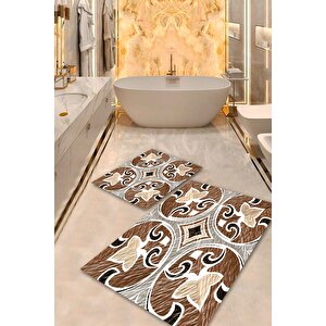  kahverengi  kaymaz Taban Etnik Banyo Paspas Takımı  bps-7903