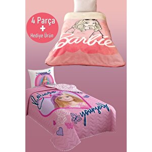 Barbie Battaniye + Yatak Örtüsü + Yastık Kılıfı + Yastık 4 Parça + Hediye Ürün