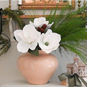 Yapay Çiçek 3dallı Buket Manolya Gerçek Dokulu Magnolia 32cm Beyaz