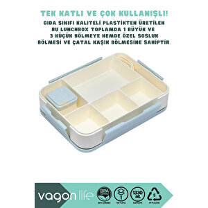 Bento 1330ml Lunchbox Yeni Koleksiyon Tek Katlı 5 Bölmeli Pp Plastik Çocuk Sefer Tası Yemek Kutusu - Mavi