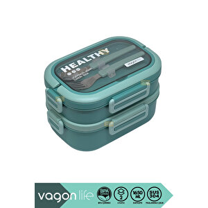 Vagonlife Bento 1650ml Lunchbox Yeni Koleksiyon 2 Katlı 3 Bölmeli Paslanmaz Çelik Sefer Tası Yemek Kutusu - Yeşil