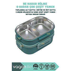 Vagonlife Bento 1650ml Lunchbox Yeni Koleksiyon 2 Katlı 3 Bölmeli Paslanmaz Çelik Sefer Tası Yemek Kutusu - Yeşil
