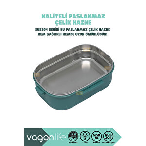 Vagonlife Bento 1650ml Lunchbox Yeni Koleksiyon 2 Katlı 3 Bölmeli Paslanmaz Çelik Sefer Tası Yemek Kutusu - Yeşil