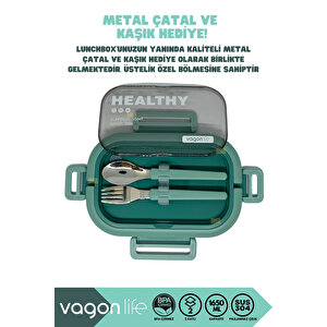 Vagonlife Bento 1650ml Lunchbox Yeni Koleksiyon 2 Katlı 3 Bölmeli Paslanmaz Çelik Sefer Tası Yemek Kutusu - Yeşil