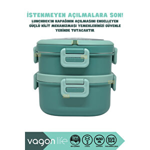Vagonlife Bento 1650ml Lunchbox Yeni Koleksiyon 2 Katlı 3 Bölmeli Paslanmaz Çelik Sefer Tası Yemek Kutusu - Yeşil