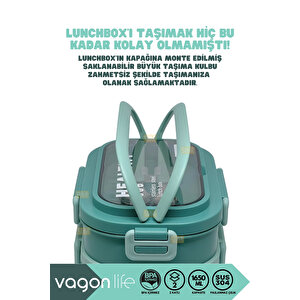 Vagonlife Bento 1650ml Lunchbox Yeni Koleksiyon 2 Katlı 3 Bölmeli Paslanmaz Çelik Sefer Tası Yemek Kutusu - Yeşil