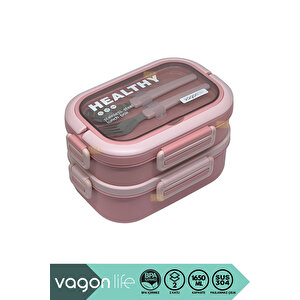 Vagonlife Bento 1650ml Lunchbox Yeni Koleksiyon 2 Katlı 3 Bölmeli Paslanmaz Çelik Sefer Tası Yemek Kutusu - Pembe