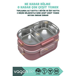 Vagonlife Bento 1650ml Lunchbox Yeni Koleksiyon 2 Katlı 3 Bölmeli Paslanmaz Çelik Sefer Tası Yemek Kutusu - Pembe