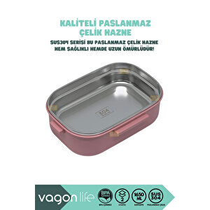 Vagonlife Bento 1650ml Lunchbox Yeni Koleksiyon 2 Katlı 3 Bölmeli Paslanmaz Çelik Sefer Tası Yemek Kutusu - Pembe