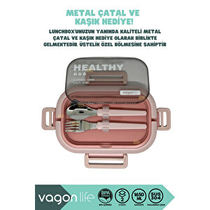 Vagonlife Bento 1650ml Lunchbox Yeni Koleksiyon 2 Katlı 3 Bölmeli Paslanmaz Çelik Sefer Tası Yemek Kutusu - Pembe