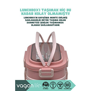 Vagonlife Bento 1650ml Lunchbox Yeni Koleksiyon 2 Katlı 3 Bölmeli Paslanmaz Çelik Sefer Tası Yemek Kutusu - Pembe