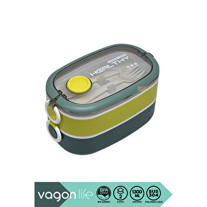 Bento 1300ml Lunchbox Yeni Koleksiyon 2 Katlı 3 Bölmeli Paslanmaz Çelik Sefer Tası Yemek Kutusu Koyu Yeşil-fıstık Yeşili