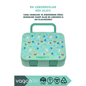 Bento 1000ml Lunchbox Yeni Koleksiyon Tek Katlı 3 Bölmeli Abs Plastik Çocuk Sefer Tası Yemek Kutusu - Yeşil