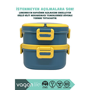 Vagonlife Bento 1650ml Lunchbox Yeni Koleksiyon 2 Katlı 3 Bölmeli Paslanmaz Çelik Sefer Tası Yemek Kutusu - Lacivert