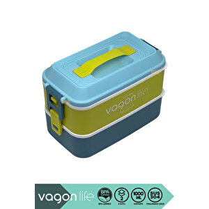 Bento 1000ml Lunchbox Yeni Koleksiyon 2 Katlı 3 Bölmeli Paslanmaz Çelik Sefer Tası Yemek Kutusu Mavi-fıstık Yeşili