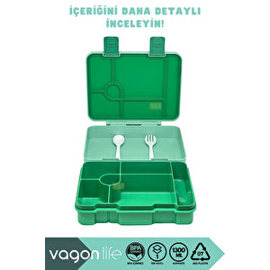 Vagonlife Bento 1300ml Lunchbox Yeni Koleksiyon Tek Katlı 4 Bölmeli Abs Plastik Çocuk Sefer Tası Yemek Kutusu - Yeşil