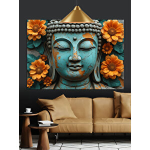 Turuncu Çiçeklerle Buda Heykeli Dekoratif Kanvas - Mdf Ahşap Tablo