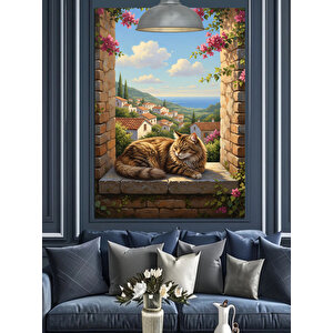 Pencerede Uyuyan Kedi Dekoratif Kanvas - Mdf Ahşap Tablo 50x70 cm