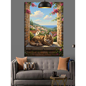 Pencerede Uyuyan Kedi Dekoratif Kanvas - Mdf Ahşap Tablo 50x70 cm