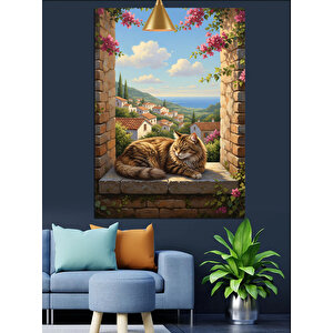 Pencerede Uyuyan Kedi Dekoratif Kanvas - Mdf Ahşap Tablo 50x70 cm