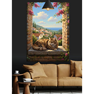 Pencerede Uyuyan Kedi Dekoratif Kanvas - Mdf Ahşap Tablo