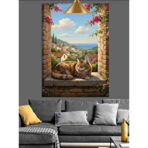 Pencerede Uyuyan Kedi Dekoratif Kanvas - Mdf Ahşap Tablo