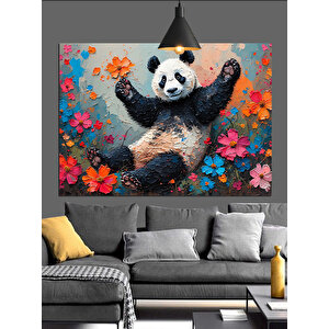 Çiçekler İçinde Mutlu Panda Dekoratif Kanvas - Mdf Ahşap Tablo 35x50 cm