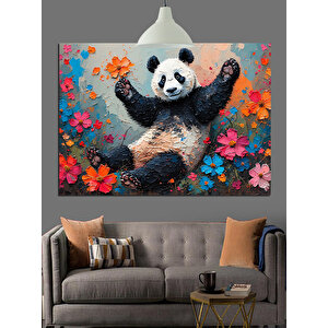 Çiçekler İçinde Mutlu Panda Dekoratif Kanvas - Mdf Ahşap Tablo 35x50 cm
