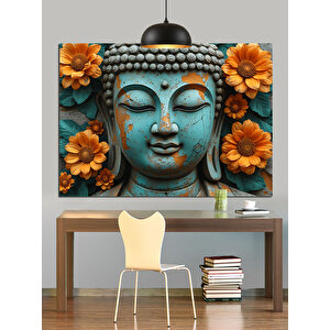 Turuncu Çiçeklerle Buda Heykeli Dekoratif Kanvas - Mdf Ahşap Tablo 70x100 cm